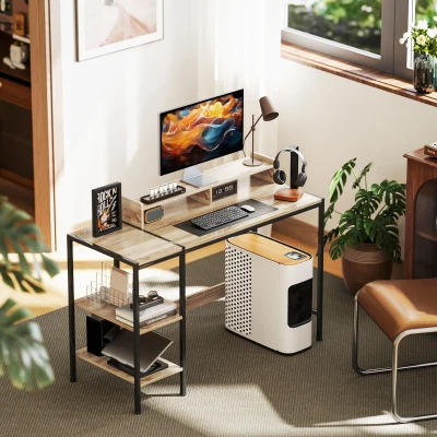 HOMCOM Computertisch Schreibtisch mit Aufbewahrung 120 cm mit verstellbaren Regalen und Stahlrahmen, Eiche