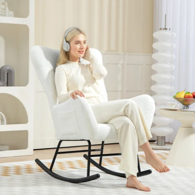 HOMCOM Chaise à Bascule, housse en peluche, coussin lombaire, antidérapante, jusqu'à 120 kg, Blanc
