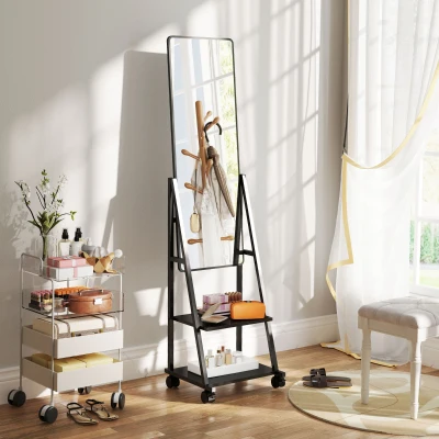 HOMCOM Miroir en pied roulant avec 2 étagères et 4 roulettes, pour chambre, salon, couloir, Noir