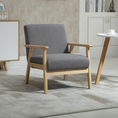 HOMCOM Sessel im Skandi-Design, Akzentsessel, Massivholz, Leinenoptik, 64 cm x 70 cm x 72 cm, Grau + Natur