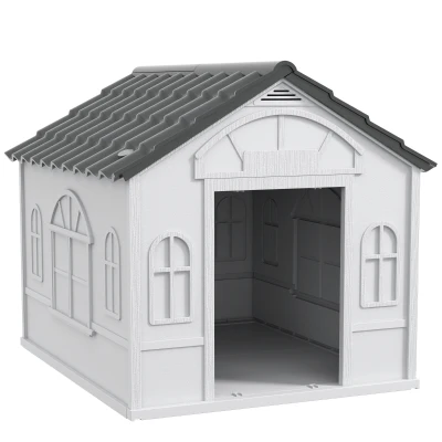 PawHut Casa para Cães 84,2×98,2×82 cm Casa para Cães com Janelas e Teto com Imitação de Telhas Casota para Cães Cinza