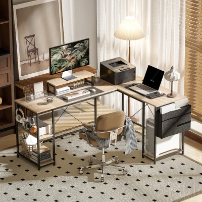 HOMCOM Modularer, umkehrbarer Eck-Schreibtisch 168-240 cm im Industrie-Stil - höhenverstellbares Regal, Aufbewahrungstasche, Bildschirmständer