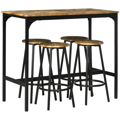 HOMCOM Set da Bar 5 pezzi con Tavolo alto e 4 Sgabelli Stile Industriale, Marrone e Nero