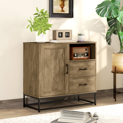 HOMCOM Buffet, Aufbewahrungsmöbel mit 2 Schubladen, offenem Fach und verstellbarem Regal, 80L x 40B x 78H cm, natur