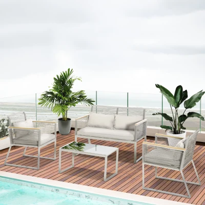 Outsunny 4-Piece Patio Wicker Sofa Set with Cushions Grey