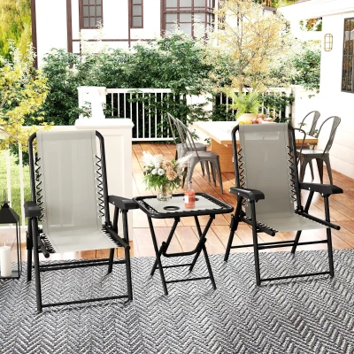 Outsunny Conjunto de Mesa e Cadeiras de Jardim Móveis de Exterior Dobrável com Estrutura de Aço e Suporte para Copos Creme
