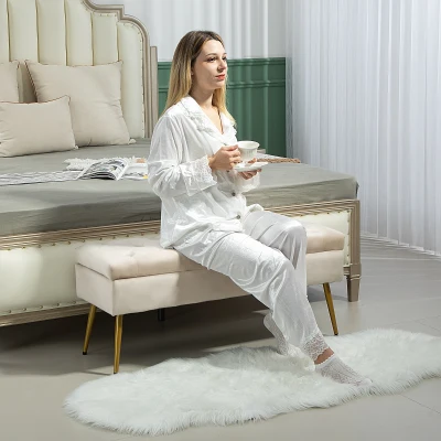 HOMCOM Banquette de Rangement en Velours, Tabouret Rembourré avec Design Capitonné, Structure Métallique, 102 x 35 x 43 cm, Beige