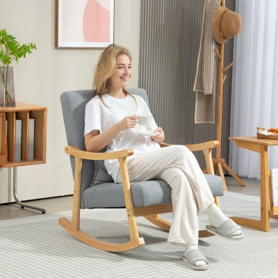 HOMCOM Poltrona Baloiço Moderna Poltrona de Amamentação com Almofada Lombar e Base de Madeira 65x87x84 cm Cinza Claro