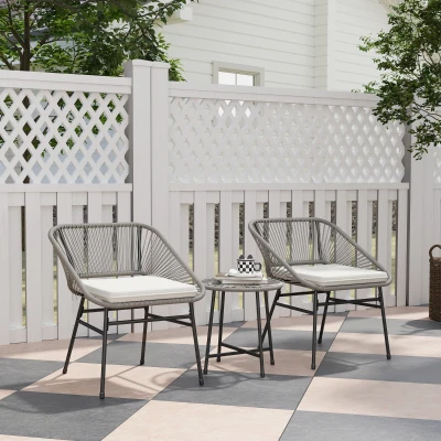 Outsunny Ensemble de meubles d'extérieur 3 pièces, 1 table, 2 chaises, Rotin synthétique, Cadre en acier, Table basse avec plateau en verre, Gris foncé