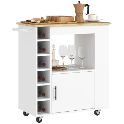HOMCOM Chariot de cuisine, îlot de cuisine roulant, chariot de cuisine avec étagères, casiers à vin, armoire et plan de travail, Blanc