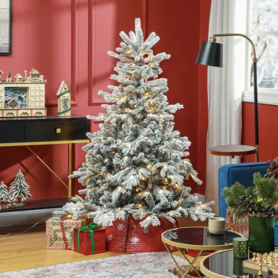 HOMCOM Sapin de Noël 180cm LED Blanc Chaud Flocké Enneigé