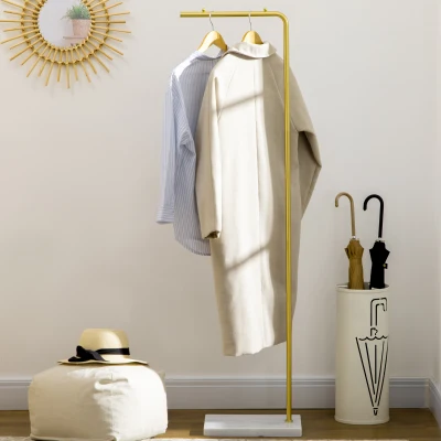 HOMCOM Garderobenständer Kleiderständer 1,52 m - Metallrahmen, Marmorsockel, für Hut, Mäntel und Taschen, Gold und Weiß