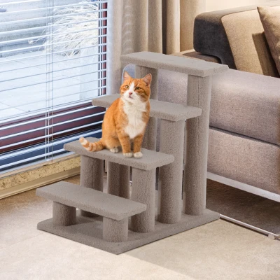 PawHut Escalera de Mascota Escalón Gato con 4 Pasos de Felpa y Postes Cubierto de Felpa 63.5x43x60cm Marrón Claro