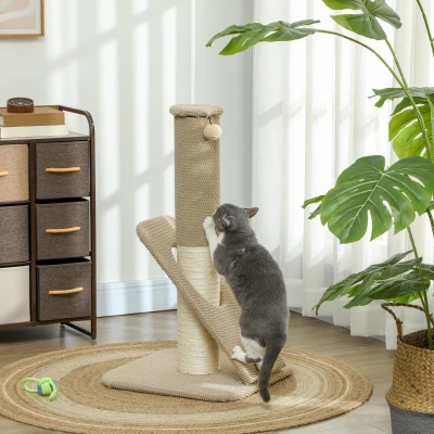 PawHut Poteau Griffoir Chat 84cm Sisal Marron Clair Crème