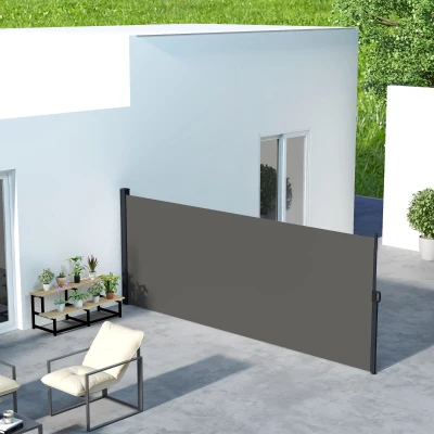 Outsunny Seitlicher ausziehbarer Windschutz Sichtschutz Paravent 4m x 1,60m Alu. Polyester UV-beständig Dunkelgrau