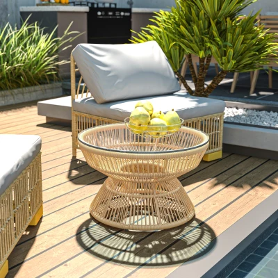 Outsunny Gartencouchtisch rund, Beistelltisch aus Rattan-Optik und gehärteter Glasplatte Ø60 x 37H cm