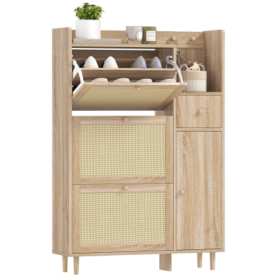 HOMCOM Móvel Sapateira com 3 Gavetas com Frente em Vime para 12 Pares de Sapatos Prateleiras Ajustáveis 80x23x120 cm Carvalho