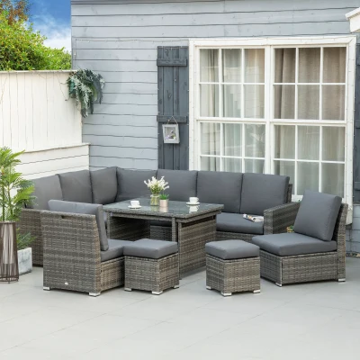 Outsunny Rattan Garden Sofa Set with Expanding Table - Grey