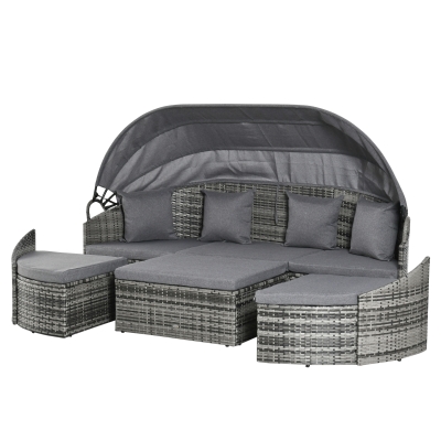 Outsunny Rattan Sonneninsel Ensemble de mobilier de jardin 4 pièces avec auvent 4 coussins Métal Gris 230 x 145 x 80 cm