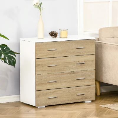 HOMCOM Cassettiera Moderna 4 Cassetti in Legno Bianco e Rovere
