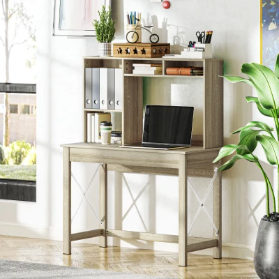 HOMCOM Schreibtisch mit Aufbewahrung, Bücherregal aus Holz mit Regalen und großer Platte für kleine Räume, Eichenoptik
