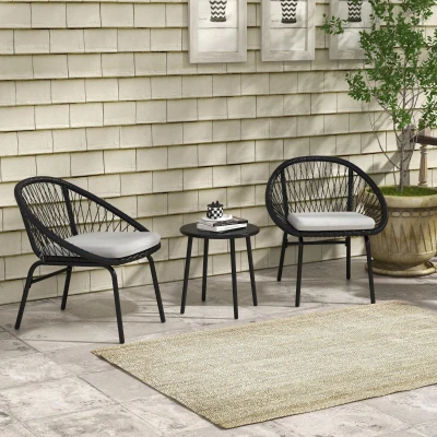 Outsunny Gartenmöbel-Set für 2 Personen mit weichen Sitzkissen aus geflochtener Schnur und Epoxidstahl