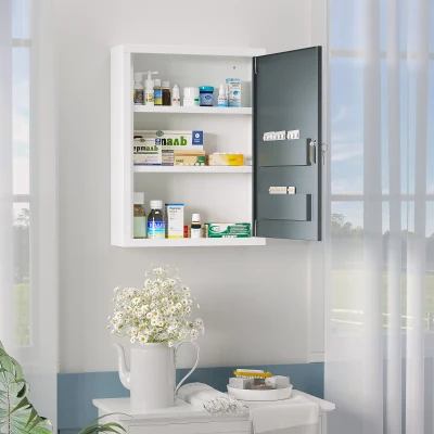 kleankin Medikamentenschrank 2 Regale 3 Ebenen mit abschließbarer Tür 2 Schlüssel 40 x 15 x 53,5 cm Weiß und Grau