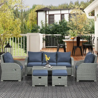 Outsunny Rattan Dining Set 6-Piece with Reclining Armchairs Blue
