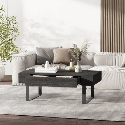 HOMCOM Table Basse Table d'Appoint Table de Salon avec Tiroir Étagères Cadre en Acier Stable Facile à Monter Moderne Bois Aggloméré Métal Gris Foncé 110x60x40 cm