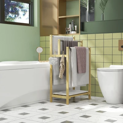 HOMCOM Porte-Serviettes Bambou 3 Barres avec Rangement 90cm