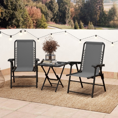 Outsunny Conjunto de Mesa e Cadeiras de Jardim Móveis de Exterior Dobrável com Estrutura de Aço e Suporte para Copos Cinza Escuro