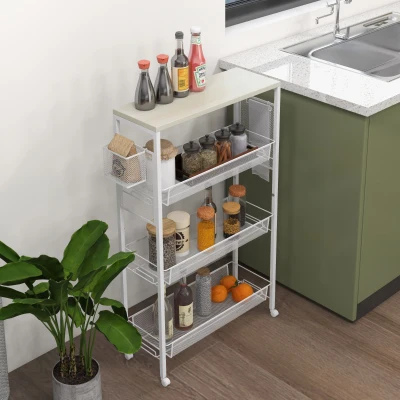 HOMCOM Nischenwagen Mehrzweckwagen Küchenwagen, 3 Regale, Haken, 58 cm x 18,5 cm x 87 cm, Weiß