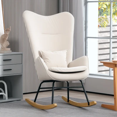 HOMCOM Fauteuil à bascule, revêtement doux en velours, avec coussin lombaire, jusqu'à 120 kg, 67 x 85 x 112 cm, Crème
