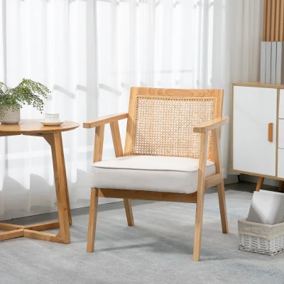 HOMCOM Comfortable Lounge Chair Rattan Chair with Thick Cushion - Rattan Backrest - Deep Seat - Hevea Wood Frame Linen-Look Beige