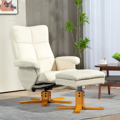 HOMCOM Fauteuil de relaxation avec repose-pieds, dossier inclinable à 145°, pivotant à 360°, similicuir, Blanc crème