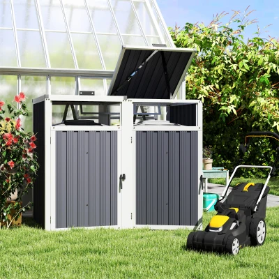 Outsunny Mülltonnenverkleidung für 2 Behälter à 240L, Außenabdeckung für Mülltonnen, 180° Klappdeckel, feuerverzinkter Stahl 73 x 81 x 122 cm, Dunkelgrau