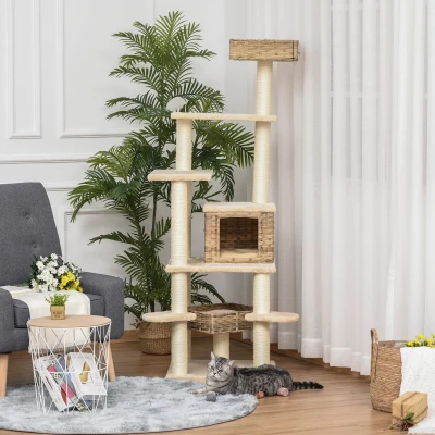 PawHut Rattan Kratzbaum mit Katzenhöhle Mehrstufiger Katzenbaum Kletterbaum für Katzen E1 MDF Sisal Beige+Braun 55 x 55 x 174 cm