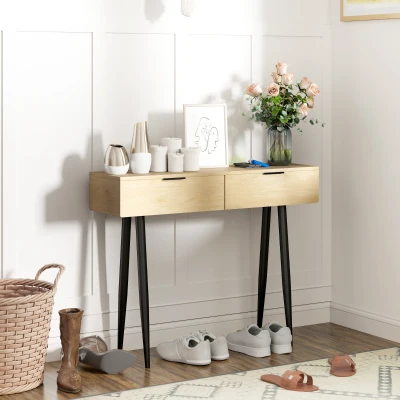 HOMCOM Skandinavischer Konsolentisch, schmale Eingangskonsole mit 2 Schubladen und Stahlbeinen für Wohnzimmer, Eingangsbereich, Flur, Eiche