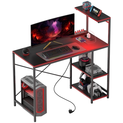 HOMCOM Secretária Gaming com Luzes LED 100x50 cm Secretária Gaming de Fibra de Carbono com Tomadas de Corrente e Controlo Remoto Preto