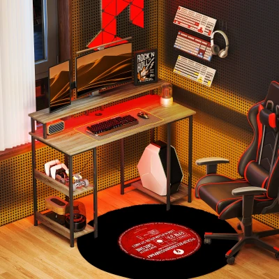 HOMCOM Computertisch 120 cm Schreibtisch mit Aufbewahrung mit LED-Lichtern, Aufbewahrungsregale, Bildschirmhalter, natur