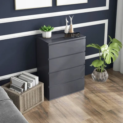 HOMCOM Kommode 4 Schubladen ohne Griffe im modernen grauen Lackfinish - Großer Stauraum