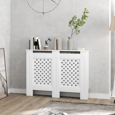 HOMCOM Cache Radiateur Bois Blanc 112x19x81,5 cm Grille Croisée