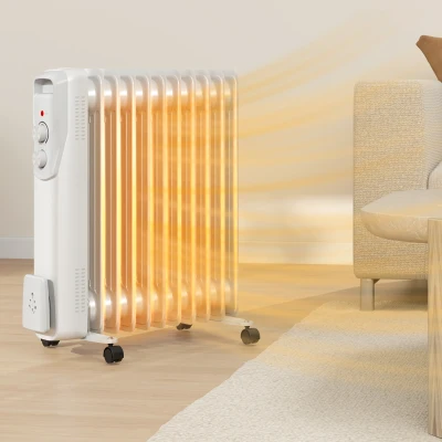 HOMCOM Ölradiator 2500W, leiser elektrischer Heizkörper, 3 einstellbare Wärmestufen, Rollen, weiß