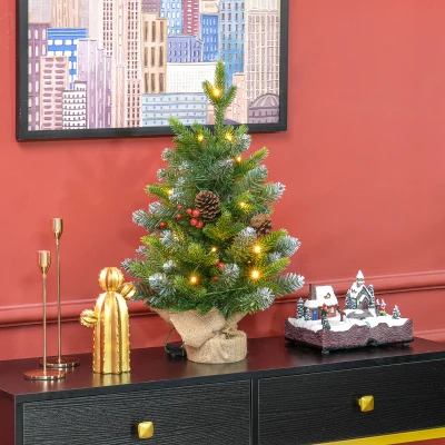 HOMCOM Sapin de Noël 60cm LED Pommes de Pin Baies Base Béton