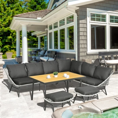 Outsunny 6-Seater Rattan Garden Sofa Set with Table, Grey 193x72x75cm