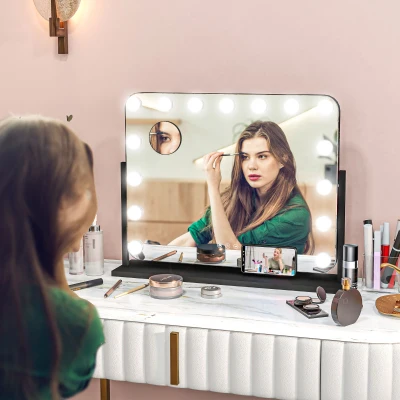HOMCOM Miroir cosmétique LED, 3 modes d'éclairage, dimmable, Contrôle tactile, USB, 62,5x49,5cm, Noir