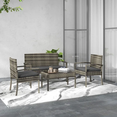Outsunny Juego de 4 Piezas Muebles de Jardín con 2 Sillones 1 Sofá de 2 Plazas y 1 Mesa de Centro de Tablero de Vidrio Gris