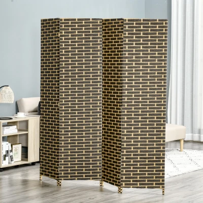 HOMCOM Innenraum-Paravent mit 4 faltbaren Paneelen 180L x 180H cm Raumteiler aus Pappelholz Geflochtene Papierfasern Schokoladenstroh