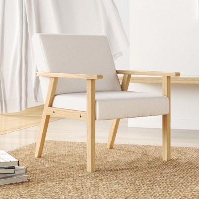 HOMCOM Fauteuil Rembourré avec Accoudoirs, Chaise de Salle à Manger en Imitation Lin, Cadre en Bois Massif, 64 x 70 x 72 cm, Creme