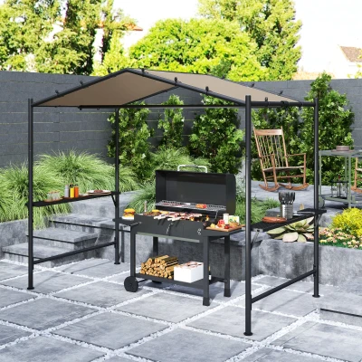 Outsunny Grillzelt Grilldach, wetterbeständig, inkl. Seitentaschen, 277 x 149 x 230 cm, Khaki